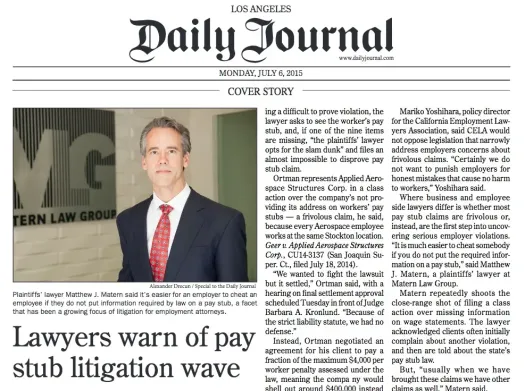 Matthew J. Matern, Daily Journal Cover Matthew Matern Daily Journal Cover discussing California pay stub litigation